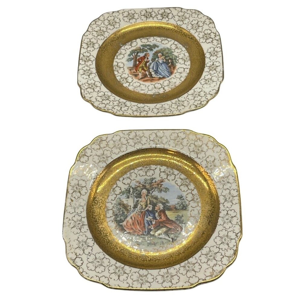 royal Set of 2 plates victorian floral white gold stamped 22 kt. gold natue READ
